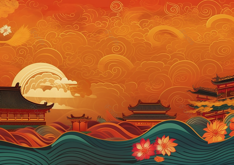 绿水水浪浪花简约开花故宫宫殿国潮中国风祥云天空浪漫背景,插画/手绘图,插画/手绘图库,插画/手绘图下载,插画/手绘